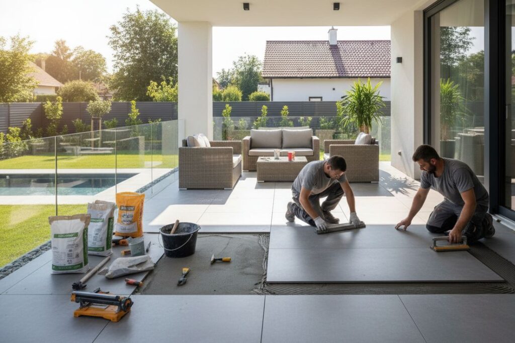 Két szakember terasz burkolását végzi