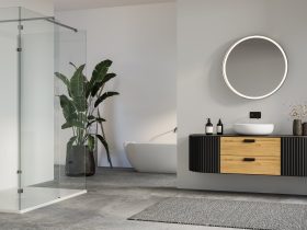 Modern minimalista fürdőszoba.